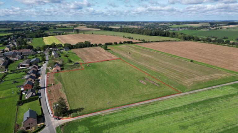 Vue aérienne d'un paysage rural près de Huy avec des champs et des fermes balisés, avec des routes qui croisent des champs verdoyants et récoltés.