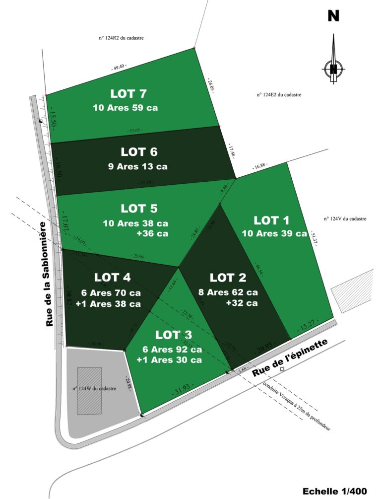 Carte des Isnes montrant les terrains subdivisés avec leurs dimensions et limites, étiquetés du lot 1 au lot 7, avec une rue de chaque côté et une flèche directionnelle nord.