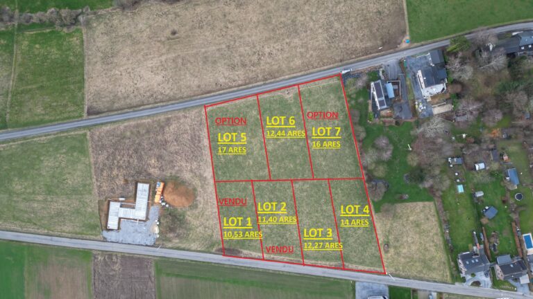Vue aérienne d'un terrain agricole divisé en sept lots étiquetés avec leur superficie, dont une parcelle de 12 ares ; présente 4 façades, adjacente à une route et à des maisons résidentielles proches.