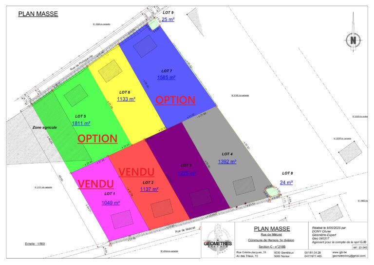 Plan du site en Hamois montrant sept lots de terrain codés en couleur avec des mesures allant jusqu'à 12 ares ; certains lots sont marqués 