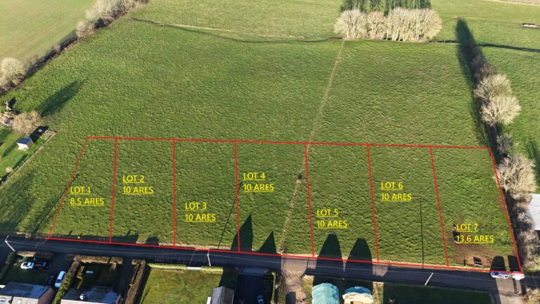 Vue aérienne de sept terrains herbeux à SCHALTIN, chacun bordé de rouge, étiqueté avec le numéro de lot et la taille de la surface en ares, adjacents à une route et entourés d'arbres.
