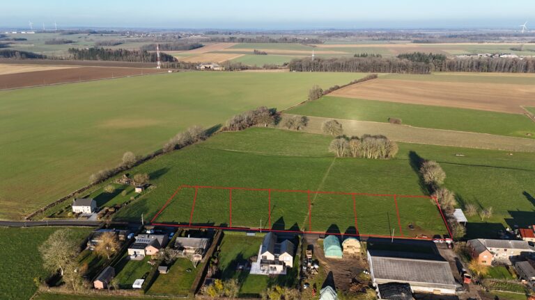 Vue aérienne d'une ferme rurale de SCHALTIN avec des maisons au premier plan et plusieurs parcelles délimitées en rouge dans un grand champ vert.